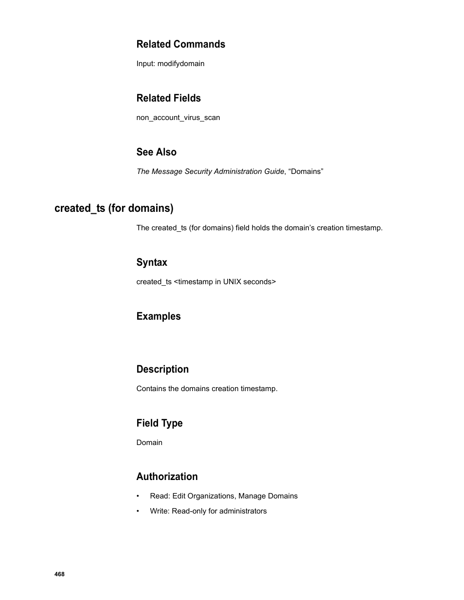 Related commands, Related fields, See also | Created_ts (for domains), Syntax, Examples, Description, Field type, Authorization | Google Message Security Batch Reference Guide User Manual | Page 456 / 561