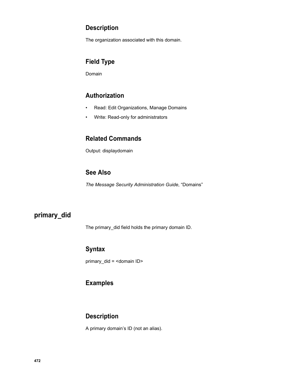 Description, Field type, Authorization | Related commands, See also, Primary_did, Syntax, Examples | Google Message Security Batch Reference Guide User Manual | Page 460 / 561