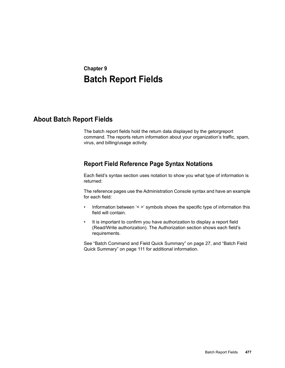Batch report fields, About batch report fields, Chapter 9: batch report fields | Report field reference page syntax notations | Google Message Security Batch Reference Guide User Manual | Page 465 / 561