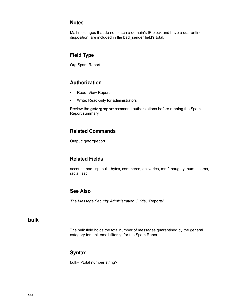 Notes, Field type, Authorization | Related commands, Related fields, See also, Bulk, Syntax | Google Message Security Batch Reference Guide User Manual | Page 470 / 561