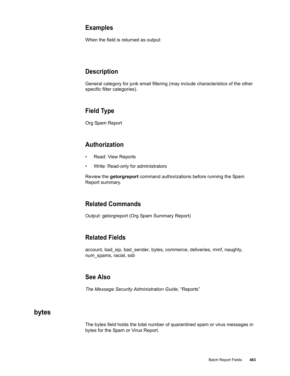 Examples, Description, Field type | Authorization, Related commands, Related fields, See also, Bytes | Google Message Security Batch Reference Guide User Manual | Page 471 / 561