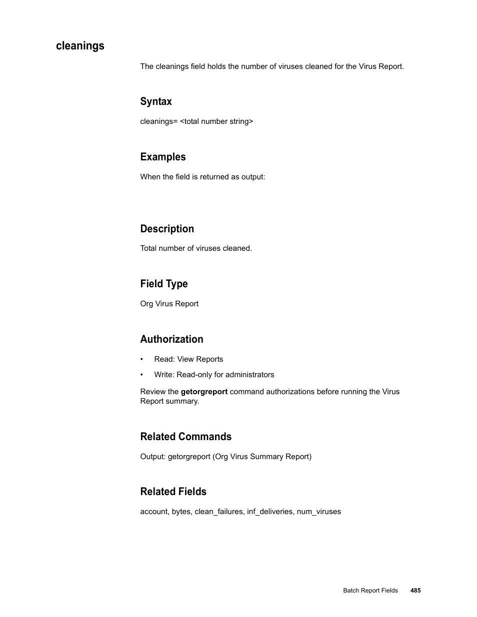 Cleanings, Syntax, Examples | Description, Field type, Authorization, Related commands, Related fields | Google Message Security Batch Reference Guide User Manual | Page 473 / 561