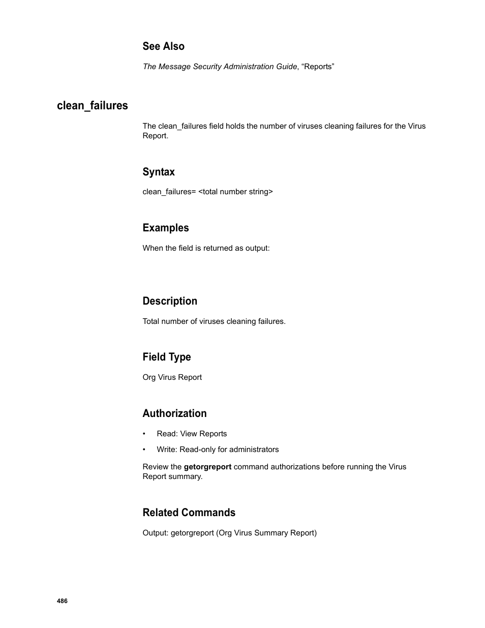 See also, Clean_failures, Syntax | Examples, Description, Field type, Authorization, Related commands | Google Message Security Batch Reference Guide User Manual | Page 474 / 561