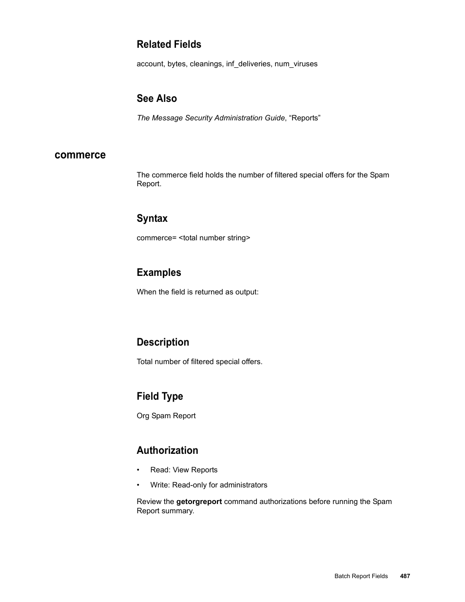 Related fields, See also, Commerce | Syntax, Examples, Description, Field type, Authorization | Google Message Security Batch Reference Guide User Manual | Page 475 / 561