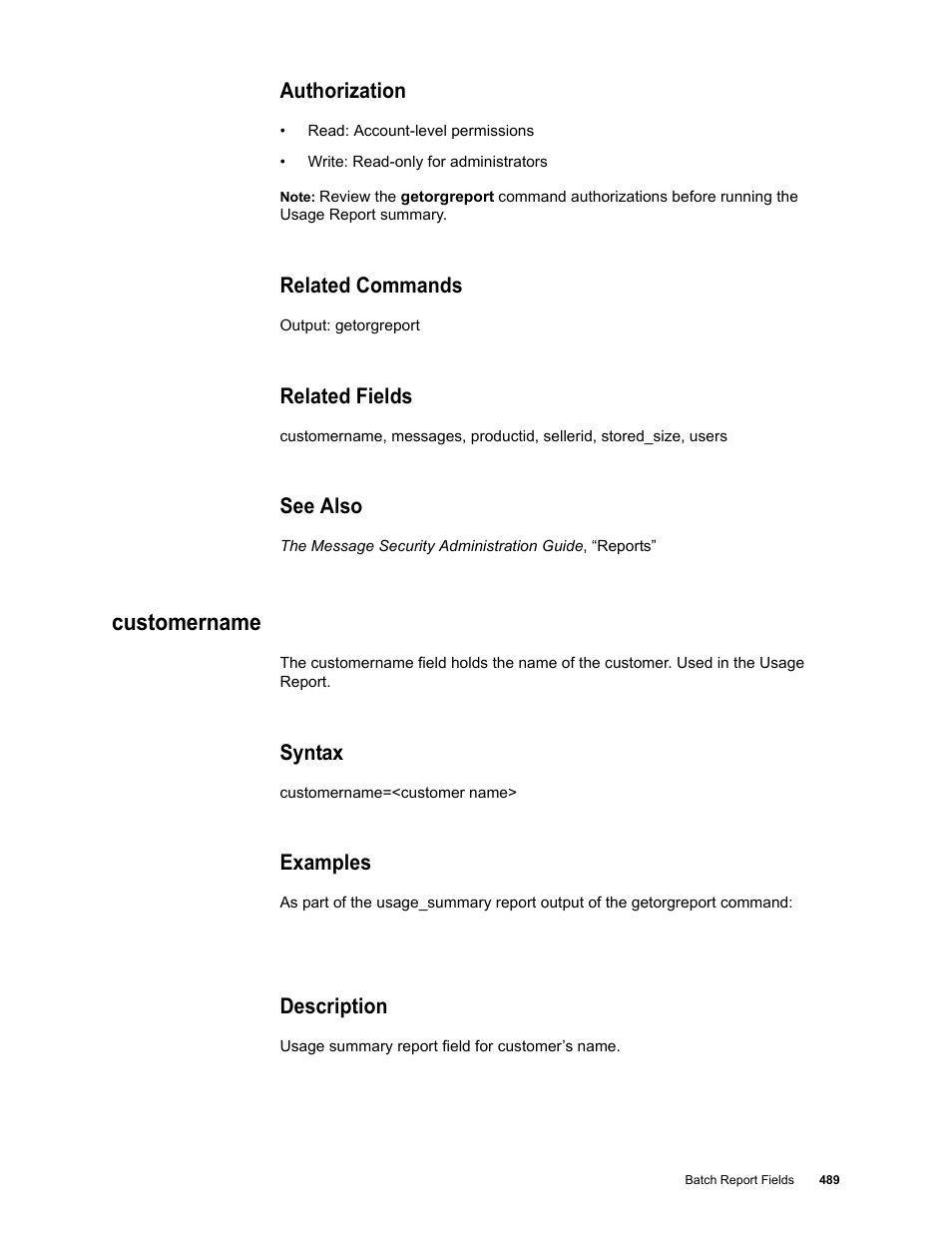 Authorization, Related commands, Related fields | See also, Customername, Syntax, Examples, Description | Google Message Security Batch Reference Guide User Manual | Page 477 / 561