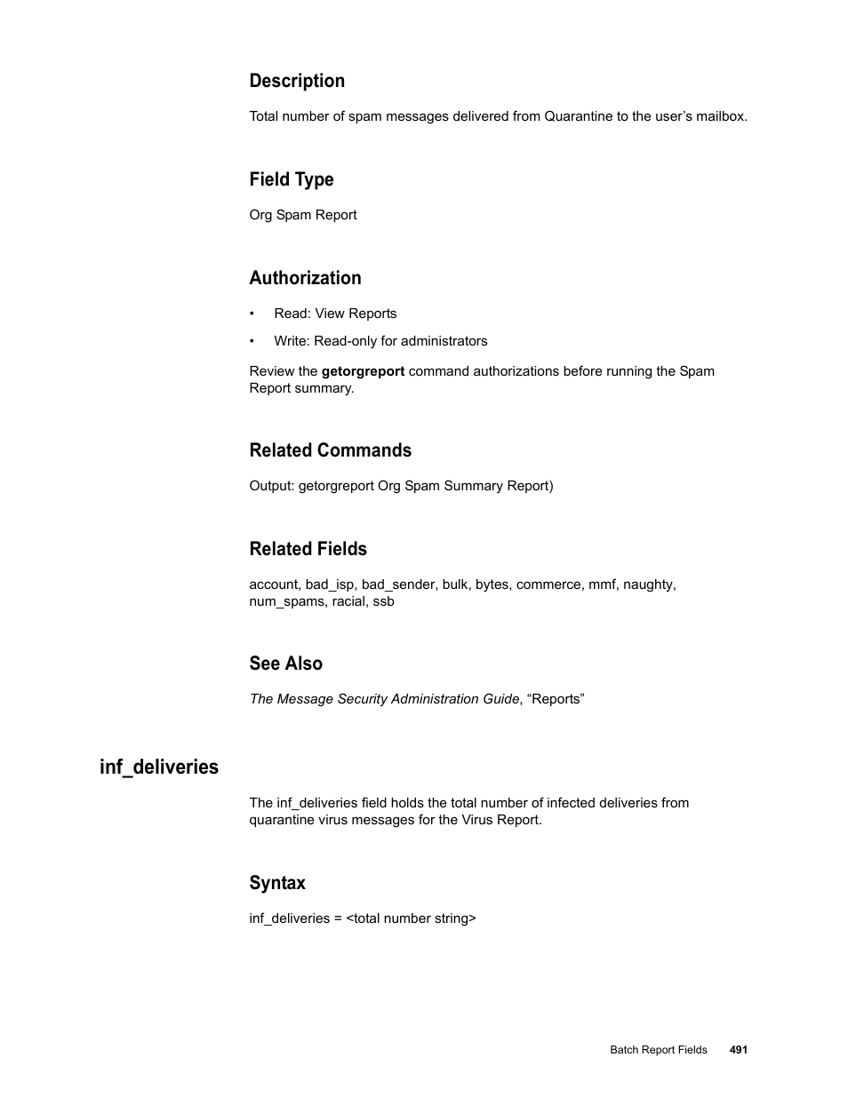 Description, Field type, Authorization | Related commands, Related fields, See also, Inf_deliveries, Syntax | Google Message Security Batch Reference Guide User Manual | Page 479 / 561