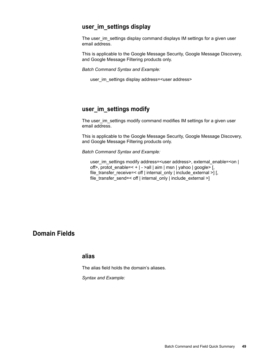 User_im_settings display, User_im_settings modify, Domain fields | Alias | Google Message Security Batch Reference Guide User Manual | Page 48 / 561