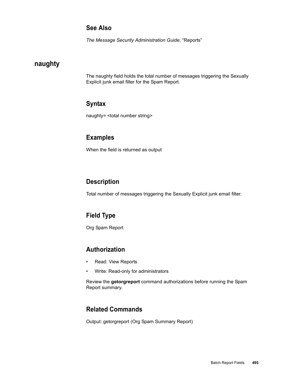 See also, Naughty, Syntax | Examples, Description, Field type, Authorization, Related commands | Google Message Security Batch Reference Guide User Manual | Page 483 / 561