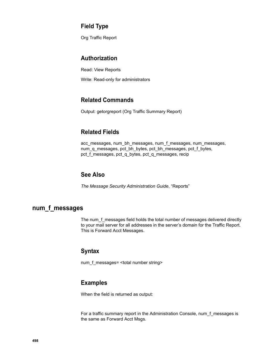 Field type, Authorization, Related commands | Related fields, See also, Num_f_messages, Syntax, Examples | Google Message Security Batch Reference Guide User Manual | Page 486 / 561