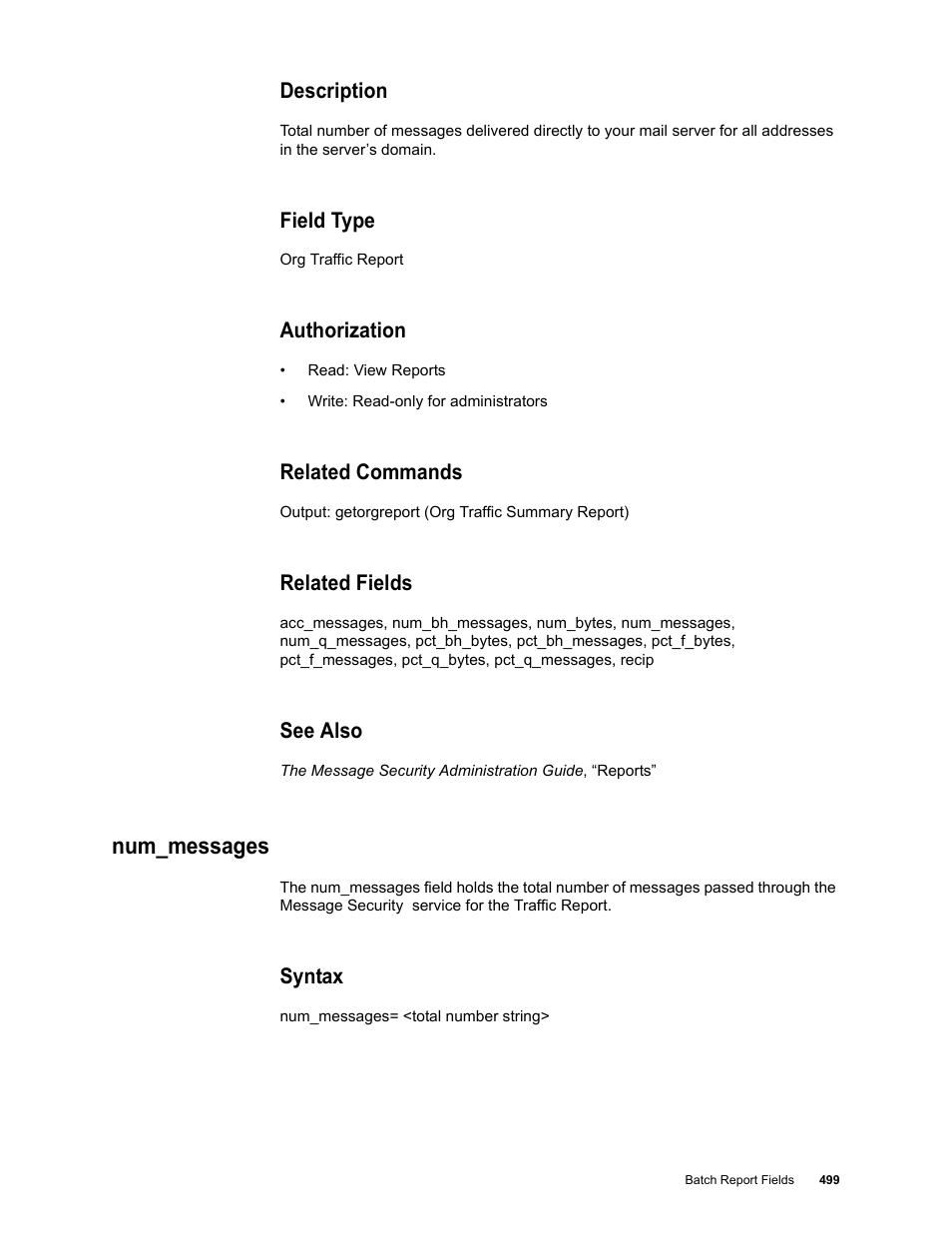 Description, Field type, Authorization | Related commands, Related fields, See also, Num_messages, Syntax | Google Message Security Batch Reference Guide User Manual | Page 487 / 561