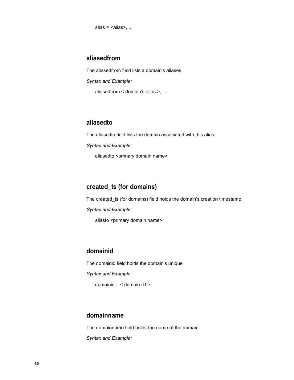 Aliasedfrom, Aliasedto, Created_ts (for domains) | Domainid, Domainname | Google Message Security Batch Reference Guide User Manual | Page 49 / 561