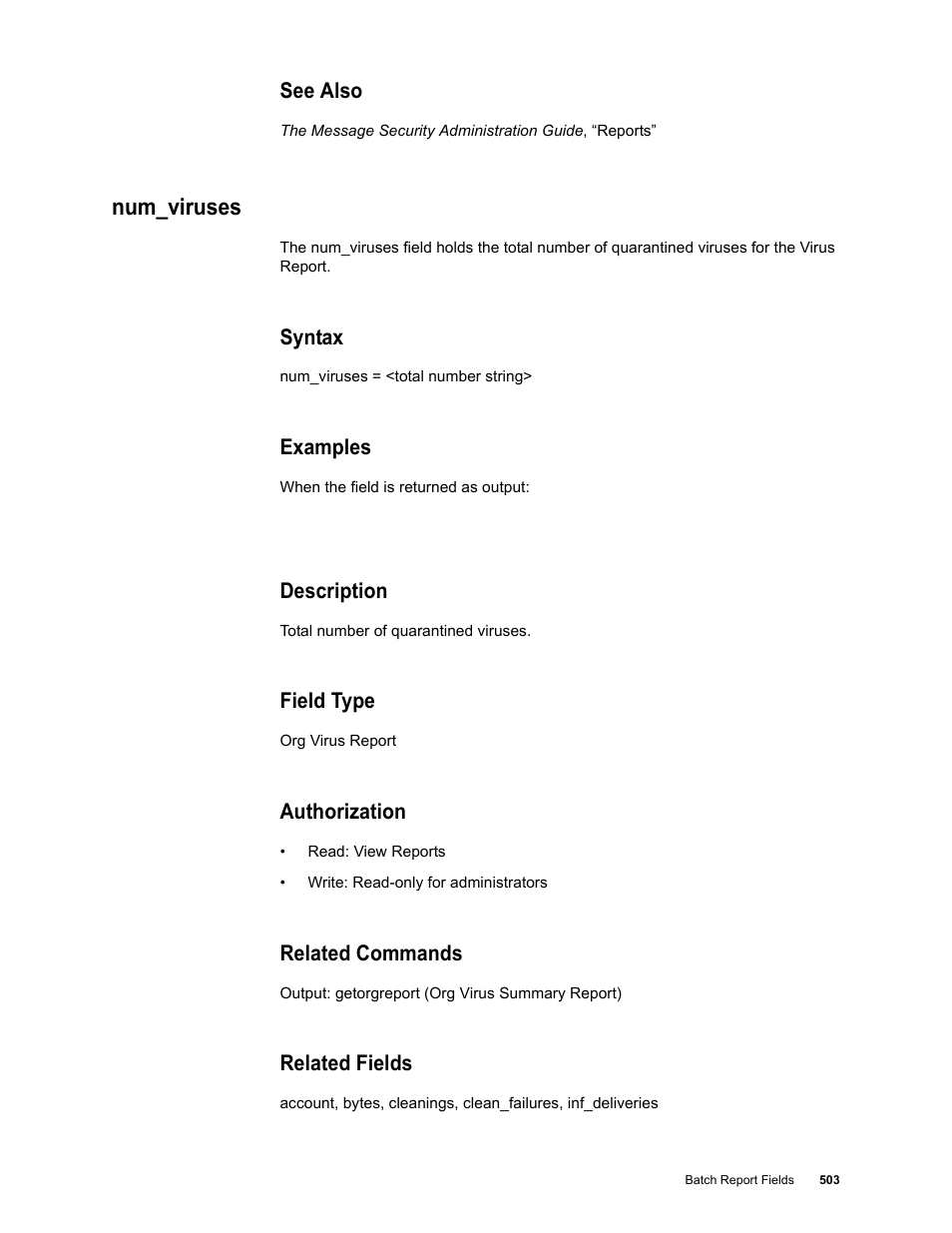 See also, Num_viruses, Syntax | Examples, Description, Field type, Authorization, Related commands, Related fields | Google Message Security Batch Reference Guide User Manual | Page 491 / 561
