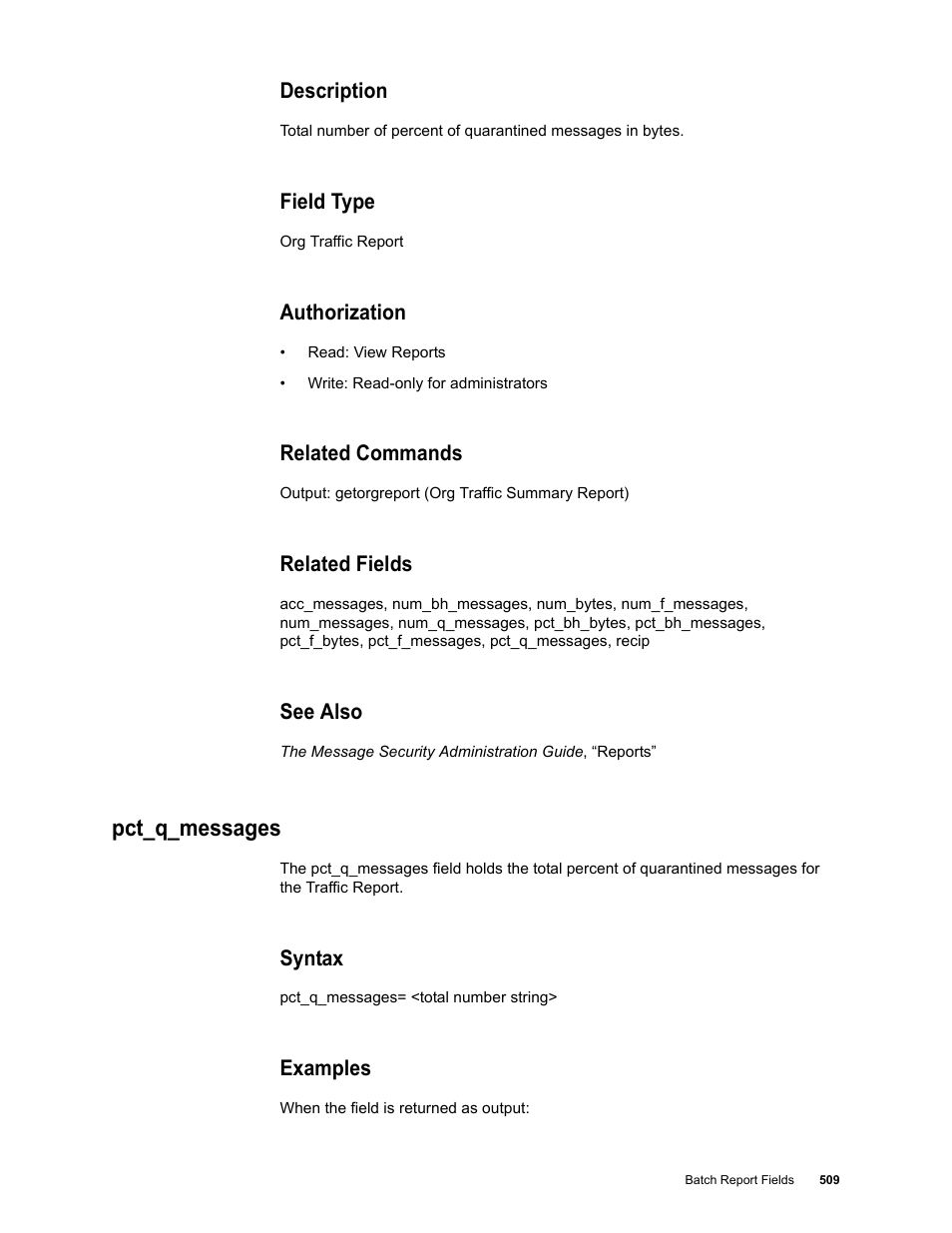 Description, Field type, Authorization | Related commands, Related fields, See also, Pct_q_messages, Syntax, Examples | Google Message Security Batch Reference Guide User Manual | Page 497 / 561
