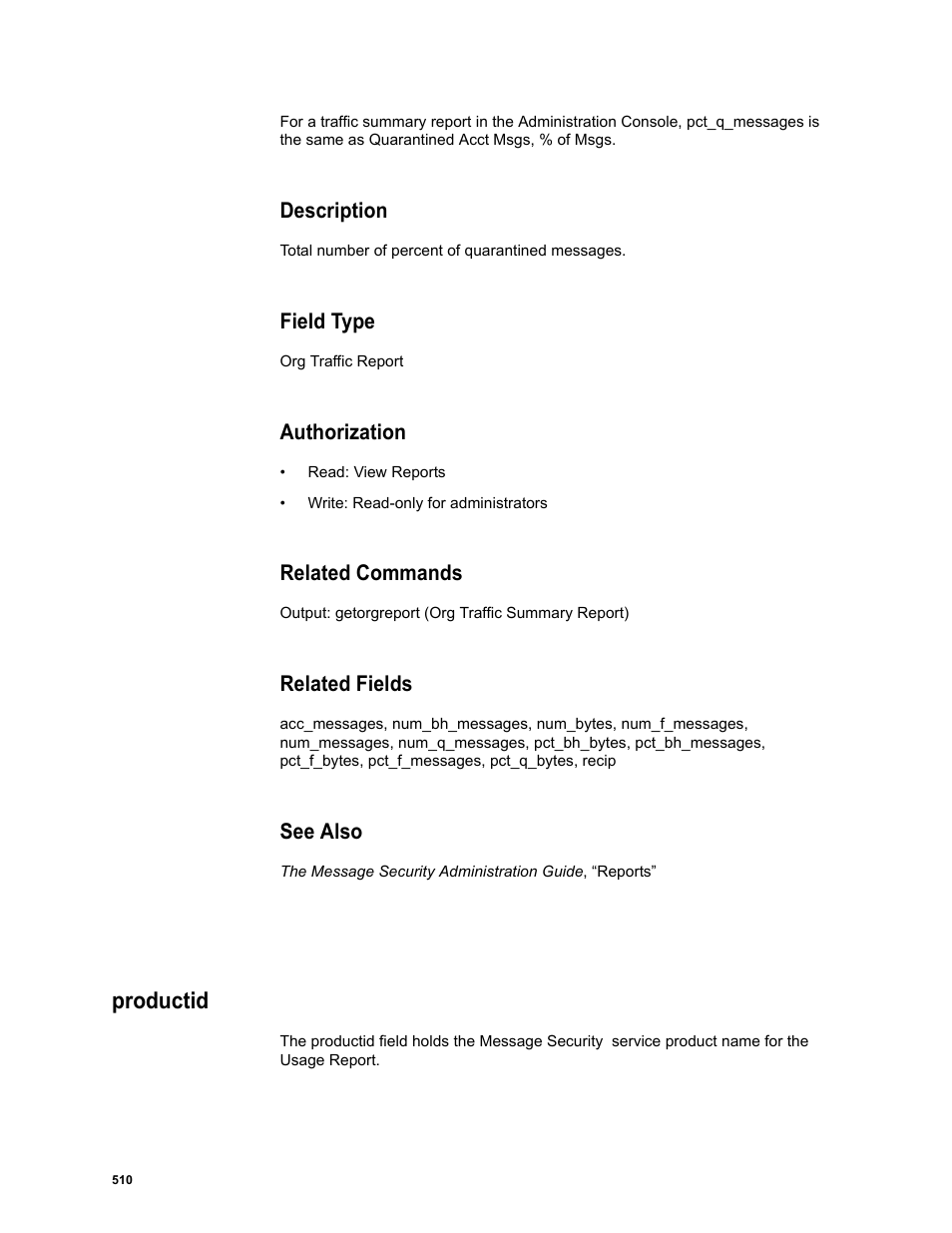 Description, Field type, Authorization | Related commands, Related fields, See also, Productid | Google Message Security Batch Reference Guide User Manual | Page 498 / 561