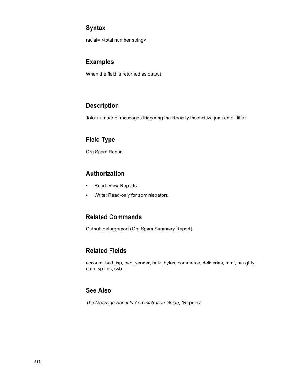 Syntax, Examples, Description | Field type, Authorization, Related commands, Related fields, See also | Google Message Security Batch Reference Guide User Manual | Page 500 / 561
