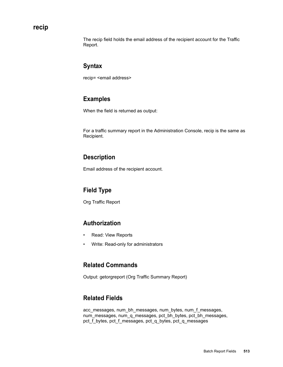 Recip, Syntax, Examples | Description, Field type, Authorization, Related commands, Related fields | Google Message Security Batch Reference Guide User Manual | Page 501 / 561