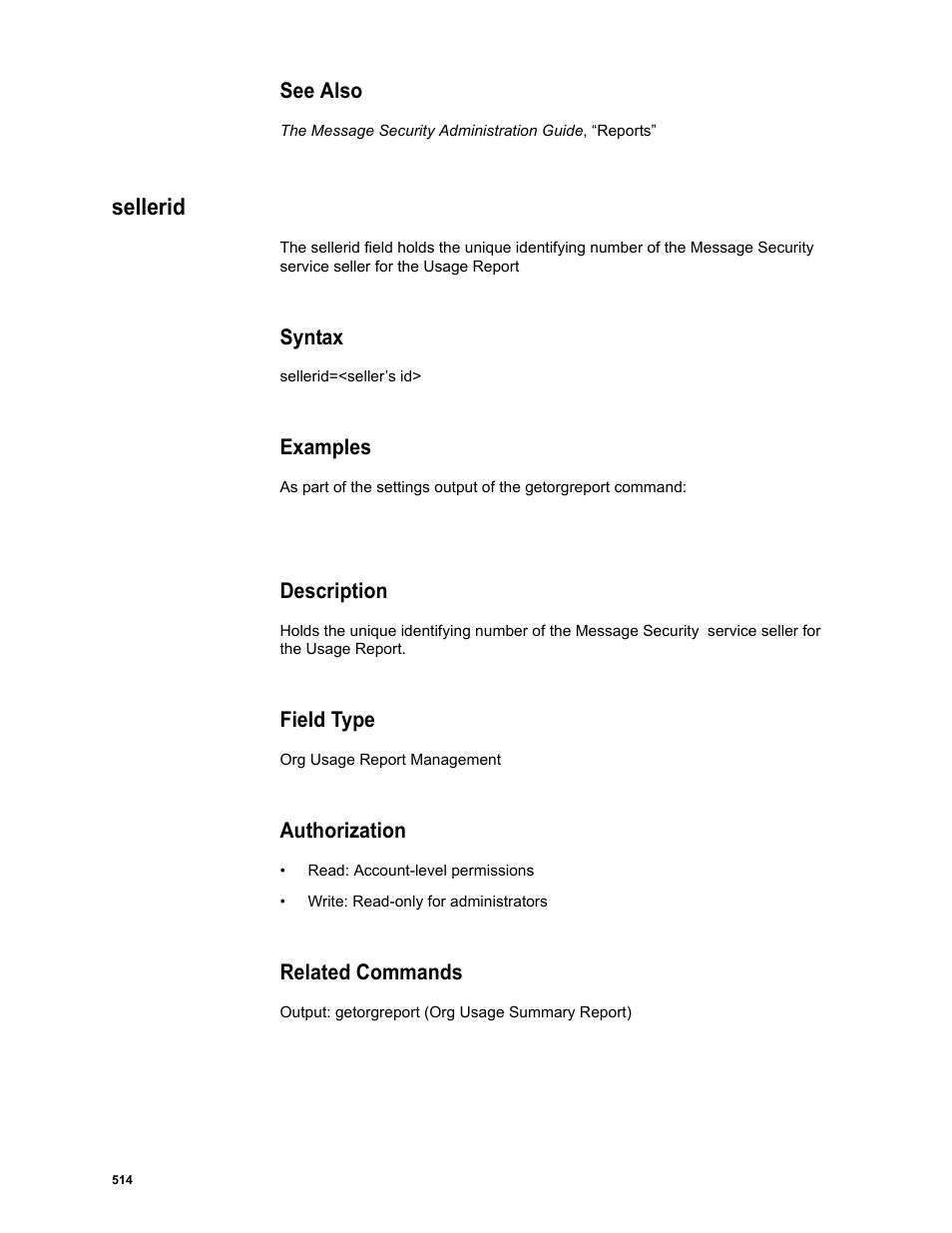 See also, Sellerid, Syntax | Examples, Description, Field type, Authorization, Related commands | Google Message Security Batch Reference Guide User Manual | Page 502 / 561