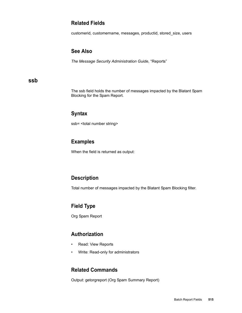 Related fields, See also, Syntax | Examples, Description, Field type, Authorization, Related commands | Google Message Security Batch Reference Guide User Manual | Page 503 / 561