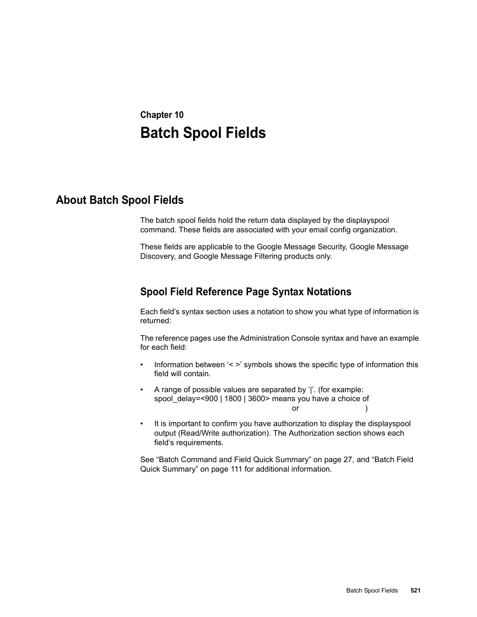 Batch spool fields, About batch spool fields, Spool field reference page syntax notations | Google Message Security Batch Reference Guide User Manual | Page 508 / 561
