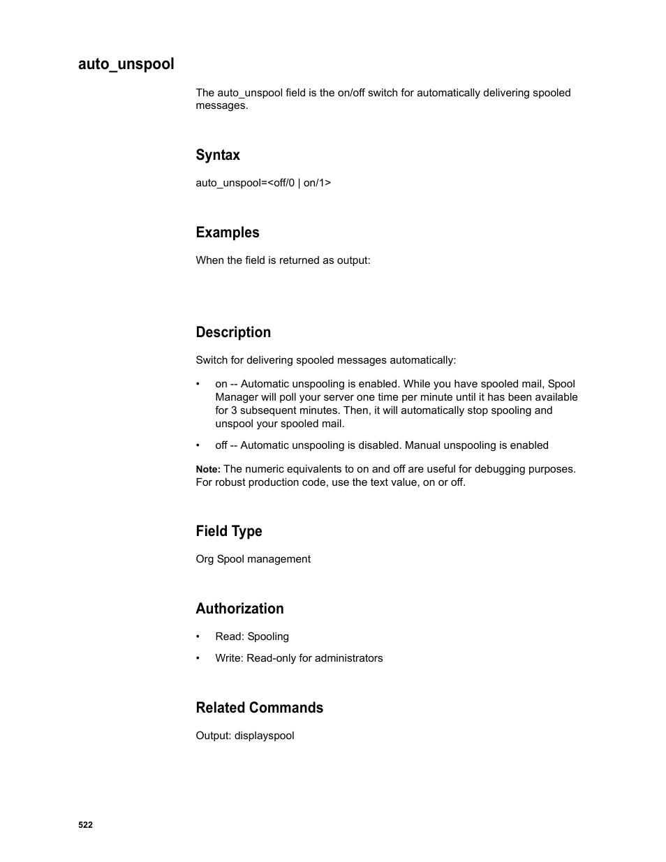 Auto_unspool, Syntax, Examples | Description, Field type, Authorization, Related commands | Google Message Security Batch Reference Guide User Manual | Page 509 / 561