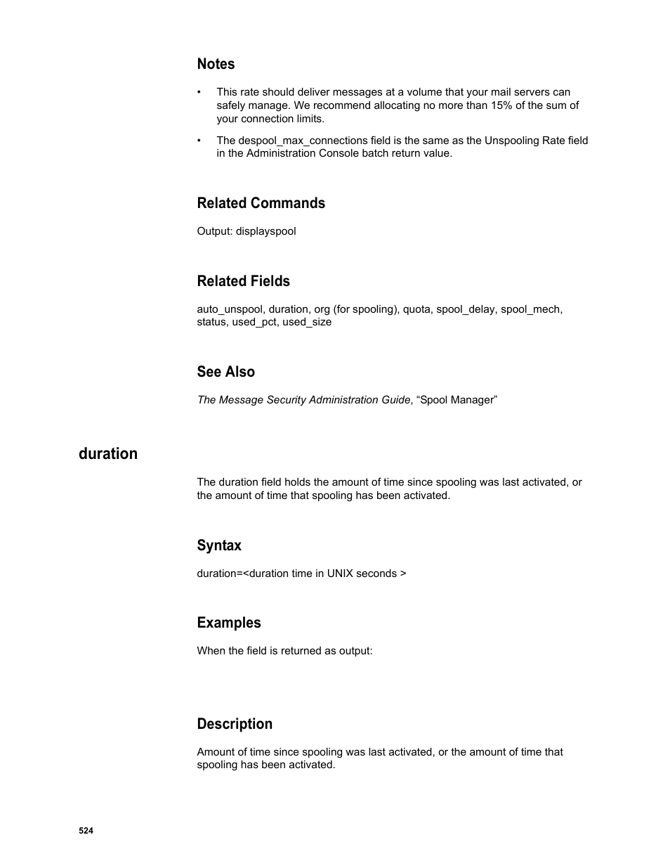 Notes, Related commands, Related fields | See also, Duration, Syntax, Examples, Description | Google Message Security Batch Reference Guide User Manual | Page 511 / 561