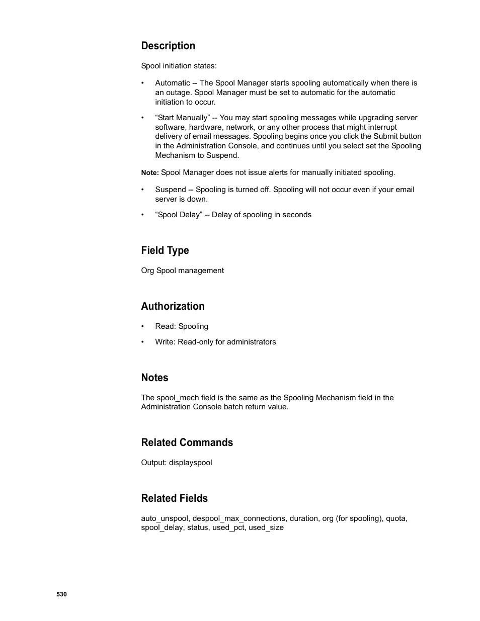 Description, Field type, Authorization | Notes, Related commands, Related fields | Google Message Security Batch Reference Guide User Manual | Page 517 / 561