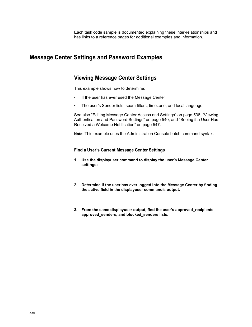 Message center settings and password examples, Viewing message center settings | Google Message Security Batch Reference Guide User Manual | Page 523 / 561