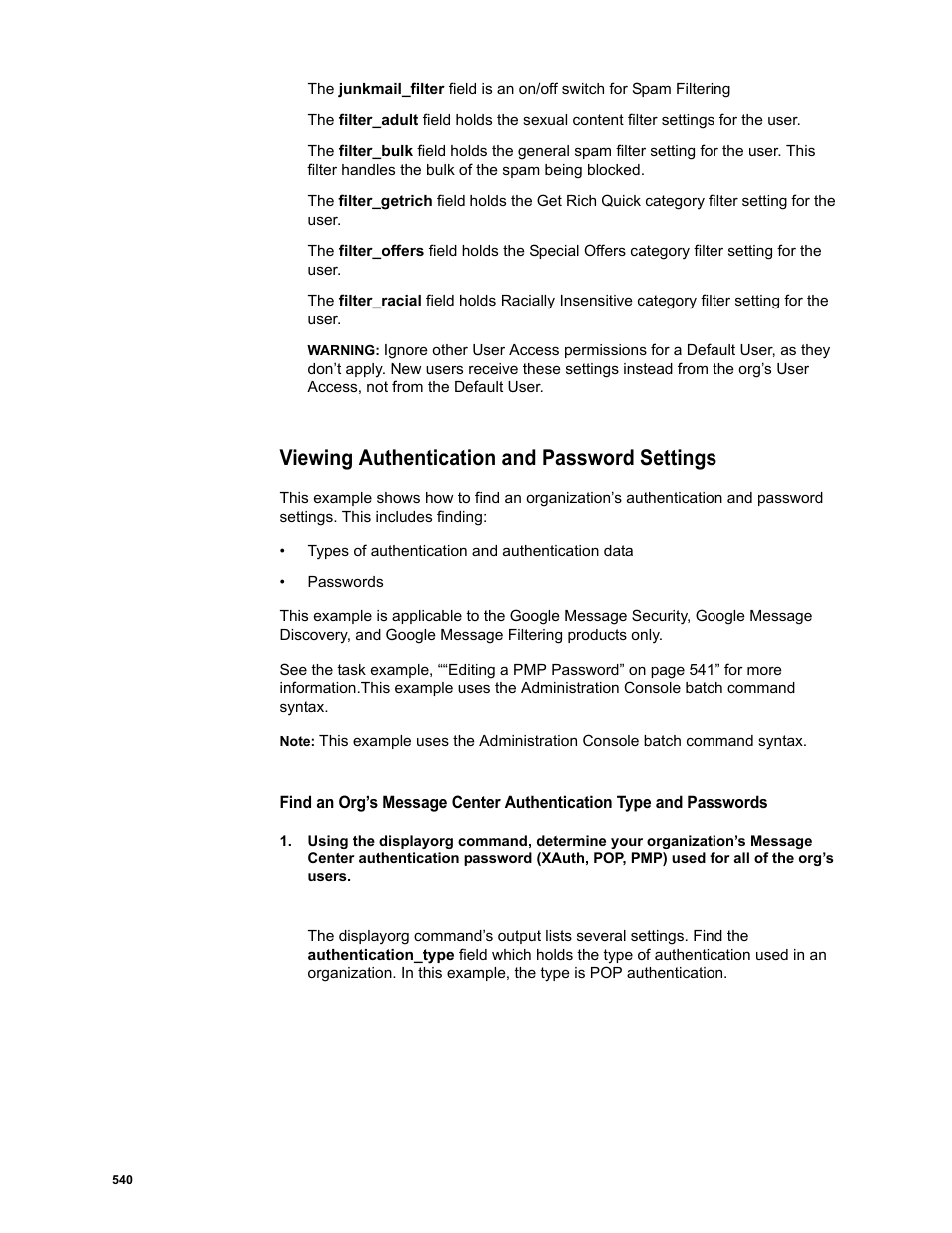 Viewing authentication and password settings | Google Message Security Batch Reference Guide User Manual | Page 527 / 561