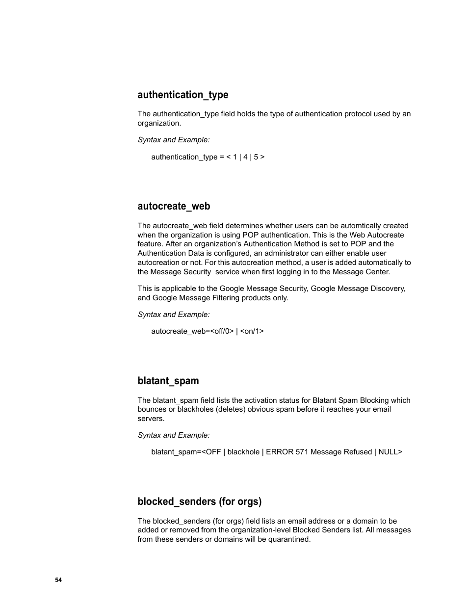 Authentication_type, Autocreate_web, Blatant_spam | Blocked_senders (for orgs) | Google Message Security Batch Reference Guide User Manual | Page 53 / 561
