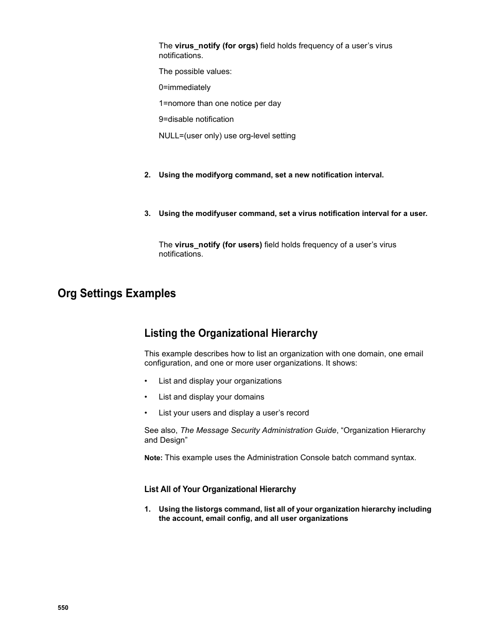 Org settings examples, Listing the organizational hierarchy | Google Message Security Batch Reference Guide User Manual | Page 537 / 561