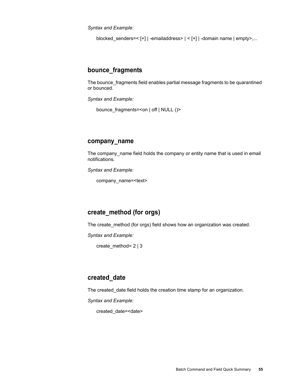 Bounce_fragments, Company_name, Create_method (for orgs) | Created_date | Google Message Security Batch Reference Guide User Manual | Page 54 / 561