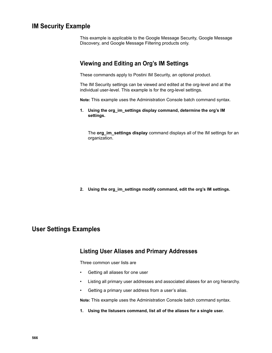 Im security example, Viewing and editing an org’s im settings, User settings examples | Listing user aliases and primary addresses | Google Message Security Batch Reference Guide User Manual | Page 553 / 561