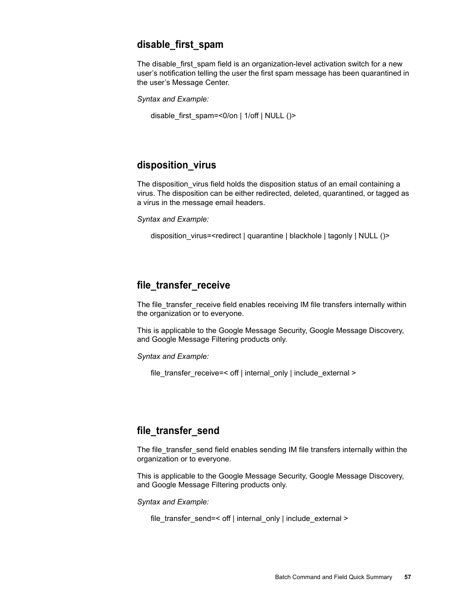 Disable_first_spam, Disposition_virus, File_transfer_receive | File_transfer_send | Google Message Security Batch Reference Guide User Manual | Page 56 / 561