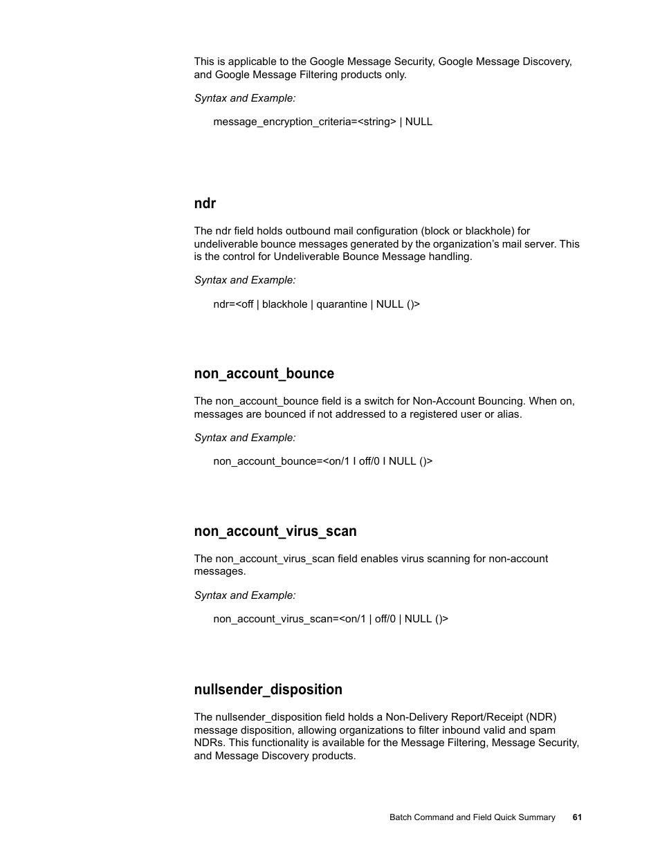 Non_account_bounce, Non_account_virus_scan, Nullsender_disposition | Google Message Security Batch Reference Guide User Manual | Page 60 / 561