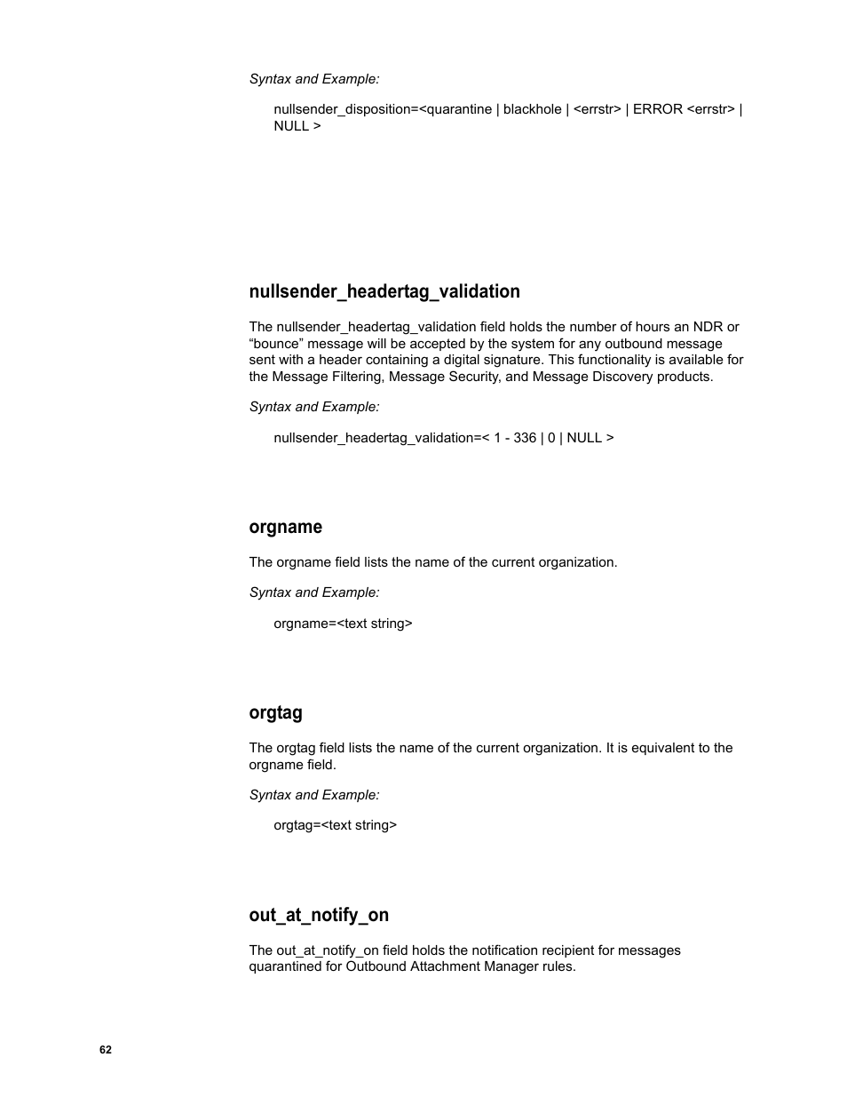 Nullsender_headertag_validation, Orgname, Orgtag | Out_at_notify_on | Google Message Security Batch Reference Guide User Manual | Page 61 / 561