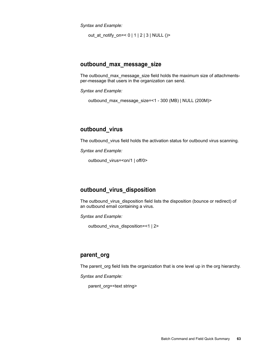 Outbound_max_message_size, Outbound_virus, Outbound_virus_disposition | Parent_org | Google Message Security Batch Reference Guide User Manual | Page 62 / 561