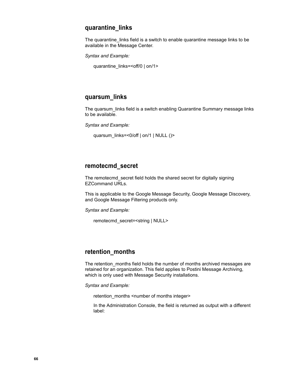 Quarantine_links, Quarsum_links, Remotecmd_secret | Retention_months | Google Message Security Batch Reference Guide User Manual | Page 65 / 561