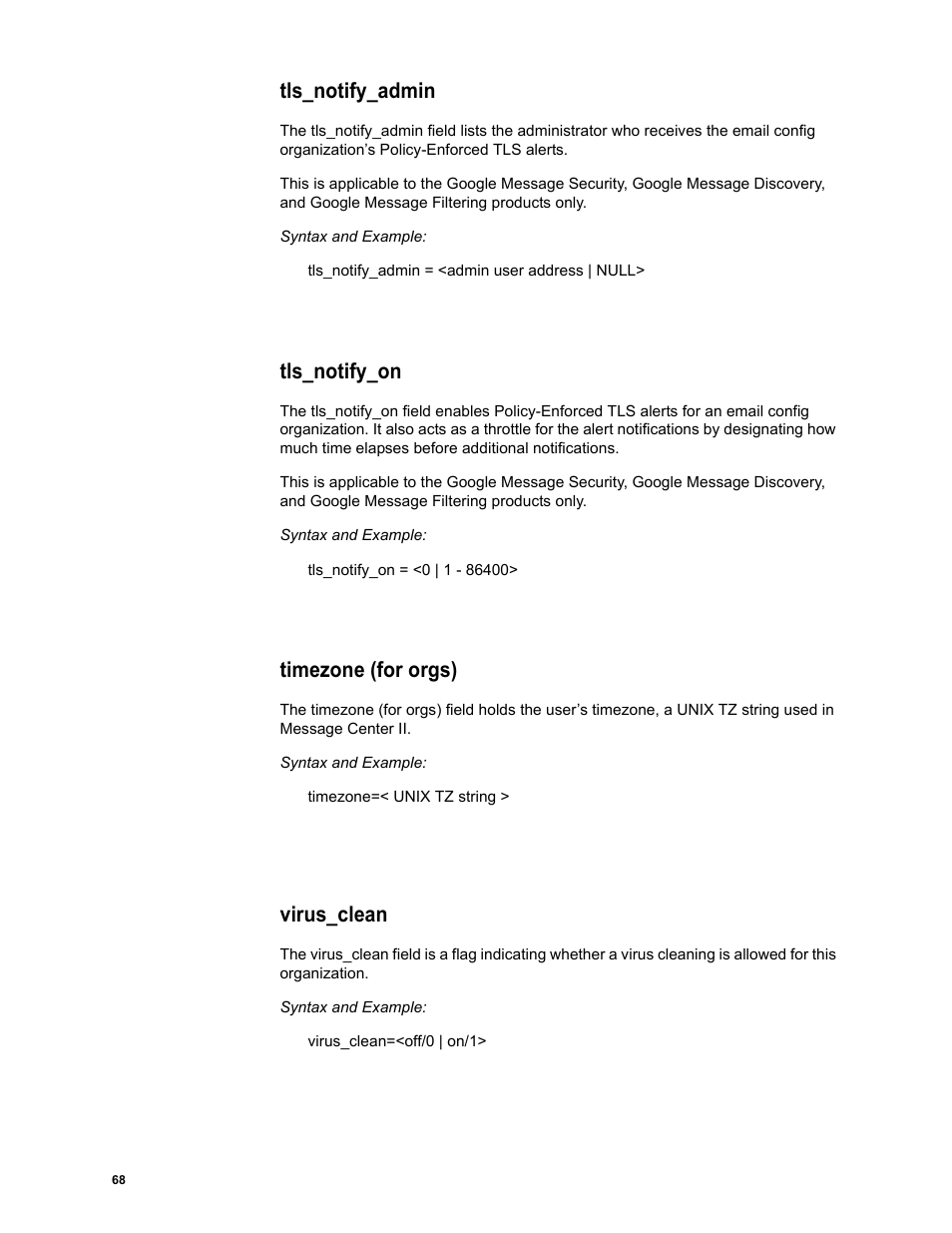 Tls_notify_admin, Tls_notify_on, Timezone (for orgs) | Virus_clean | Google Message Security Batch Reference Guide User Manual | Page 67 / 561