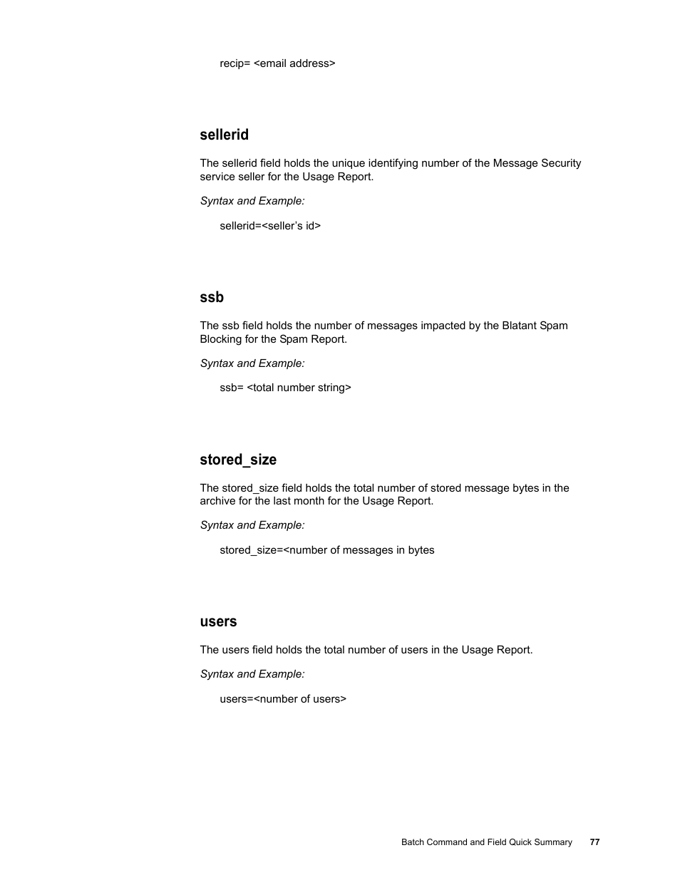 Sellerid, Stored_size, Users | Google Message Security Batch Reference Guide User Manual | Page 76 / 561