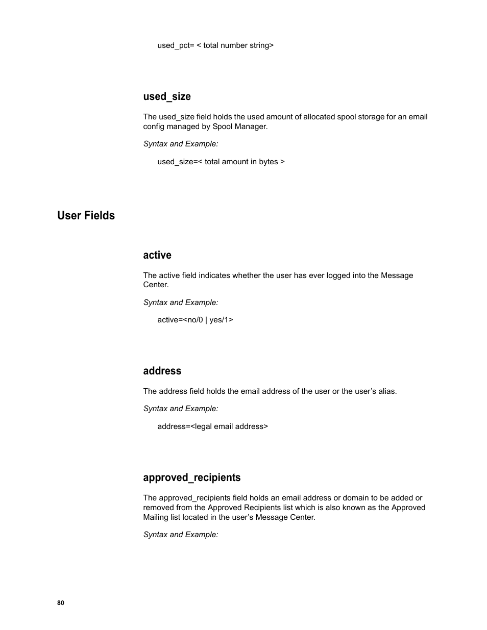 Used_size, User fields, Active | Address, Approved_recipients | Google Message Security Batch Reference Guide User Manual | Page 79 / 561