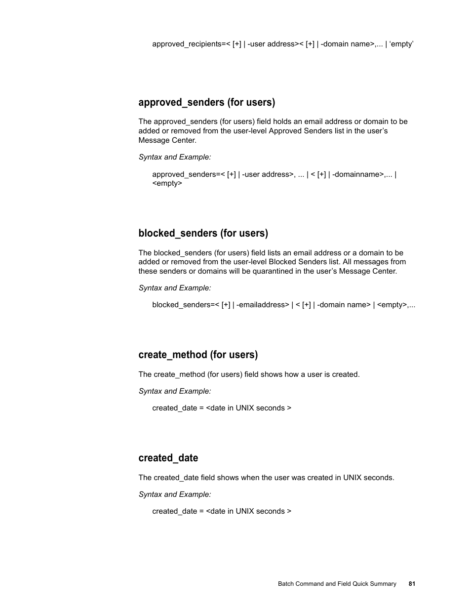 Approved_senders (for users), Blocked_senders (for users), Create_method (for users) | Created_date | Google Message Security Batch Reference Guide User Manual | Page 80 / 561