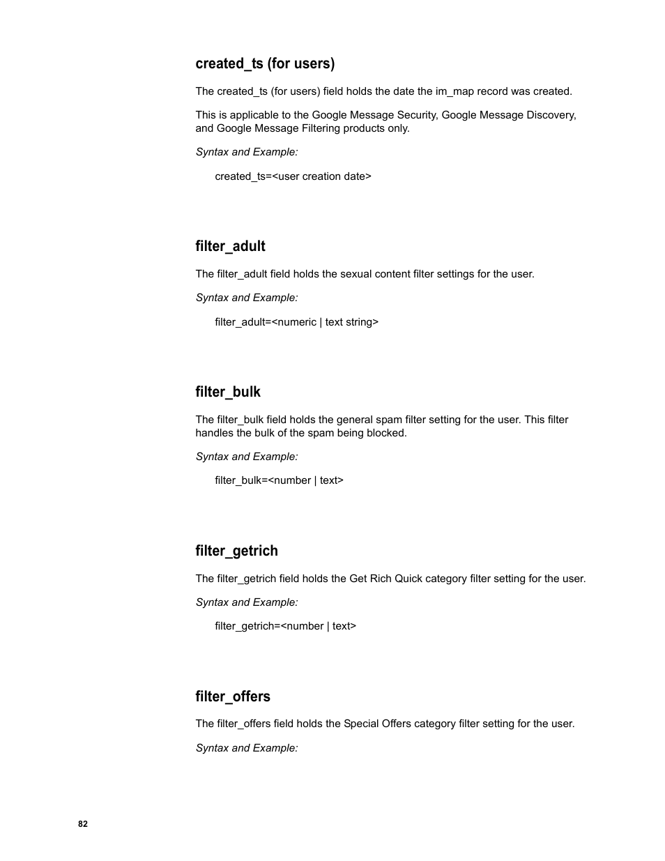 Created_ts (for users), Filter_adult, Filter_bulk | Filter_getrich, Filter_offers | Google Message Security Batch Reference Guide User Manual | Page 81 / 561