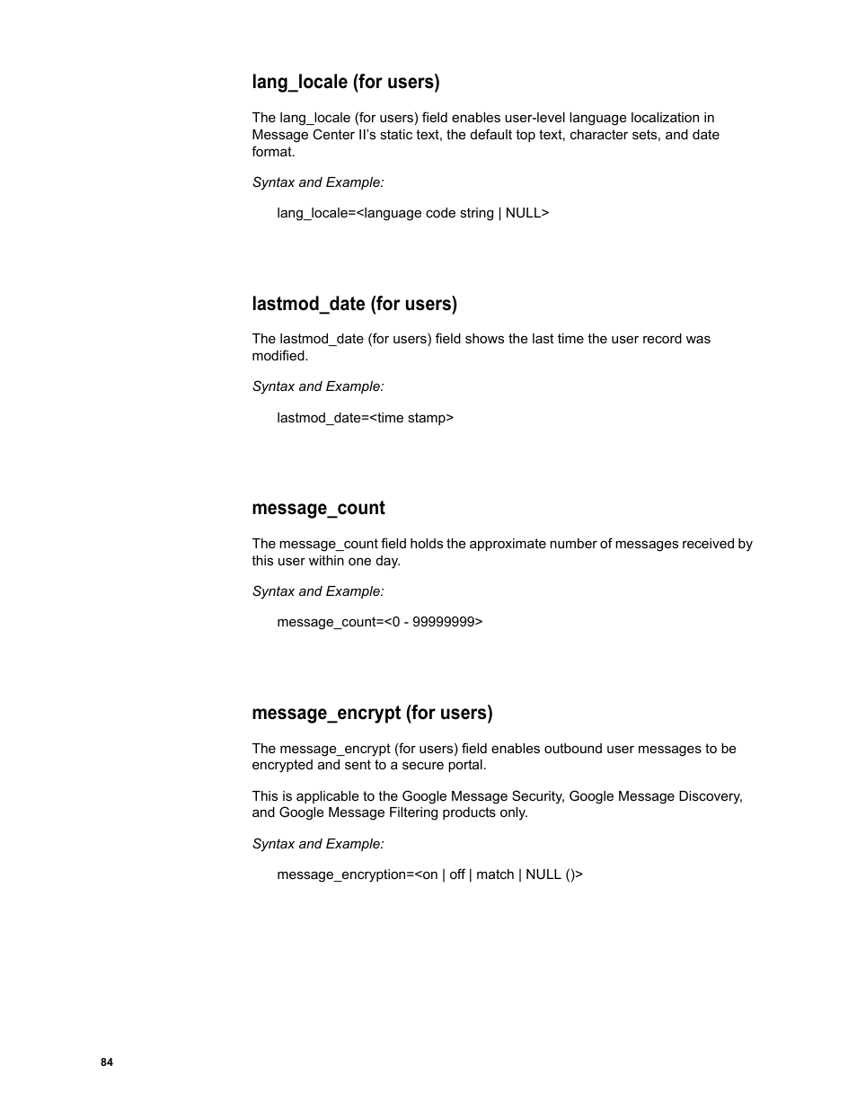 Lang_locale (for users), Lastmod_date (for users), Message_count | Message_encrypt (for users) | Google Message Security Batch Reference Guide User Manual | Page 83 / 561