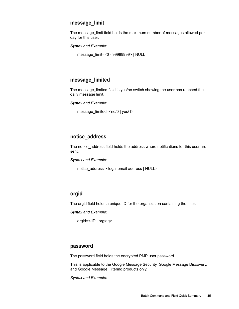 Message_limit, Message_limited, Notice_address | Orgid, Password | Google Message Security Batch Reference Guide User Manual | Page 84 / 561