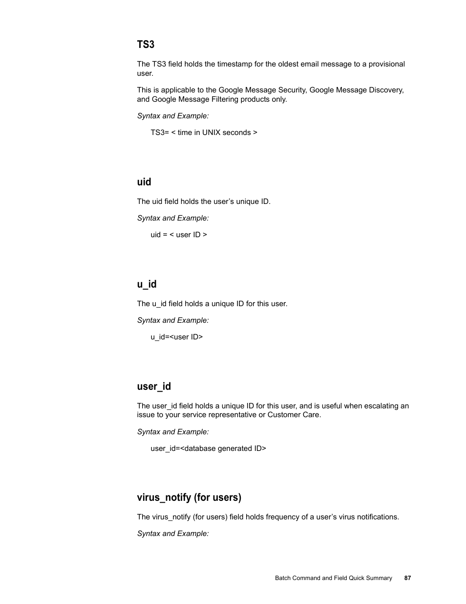 U_id, User_id, Virus_notify (for users) | Google Message Security Batch Reference Guide User Manual | Page 86 / 561
