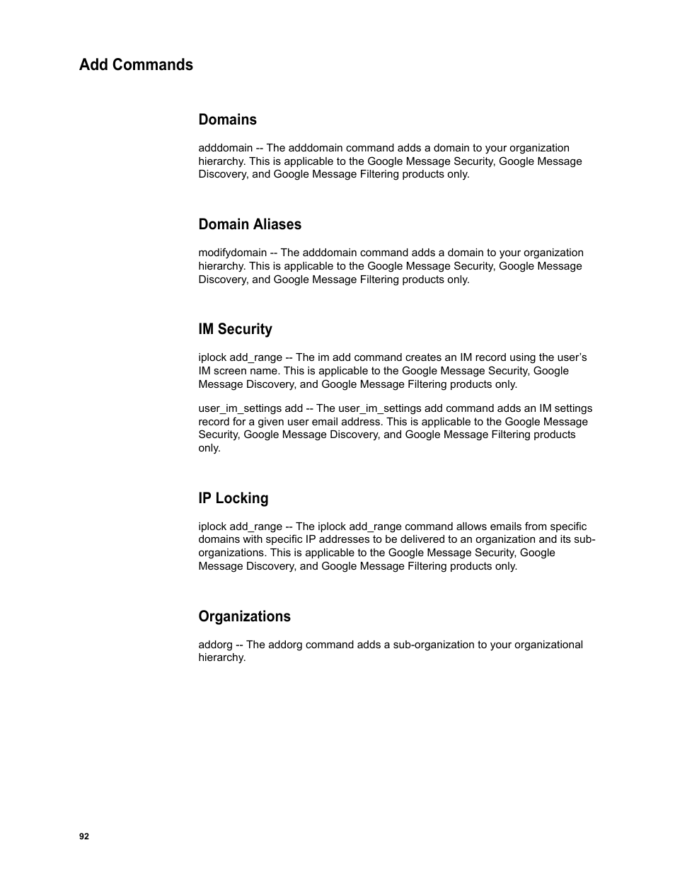 Add commands, Domains, Domain aliases | Im security, Ip locking, Organizations | Google Message Security Batch Reference Guide User Manual | Page 90 / 561