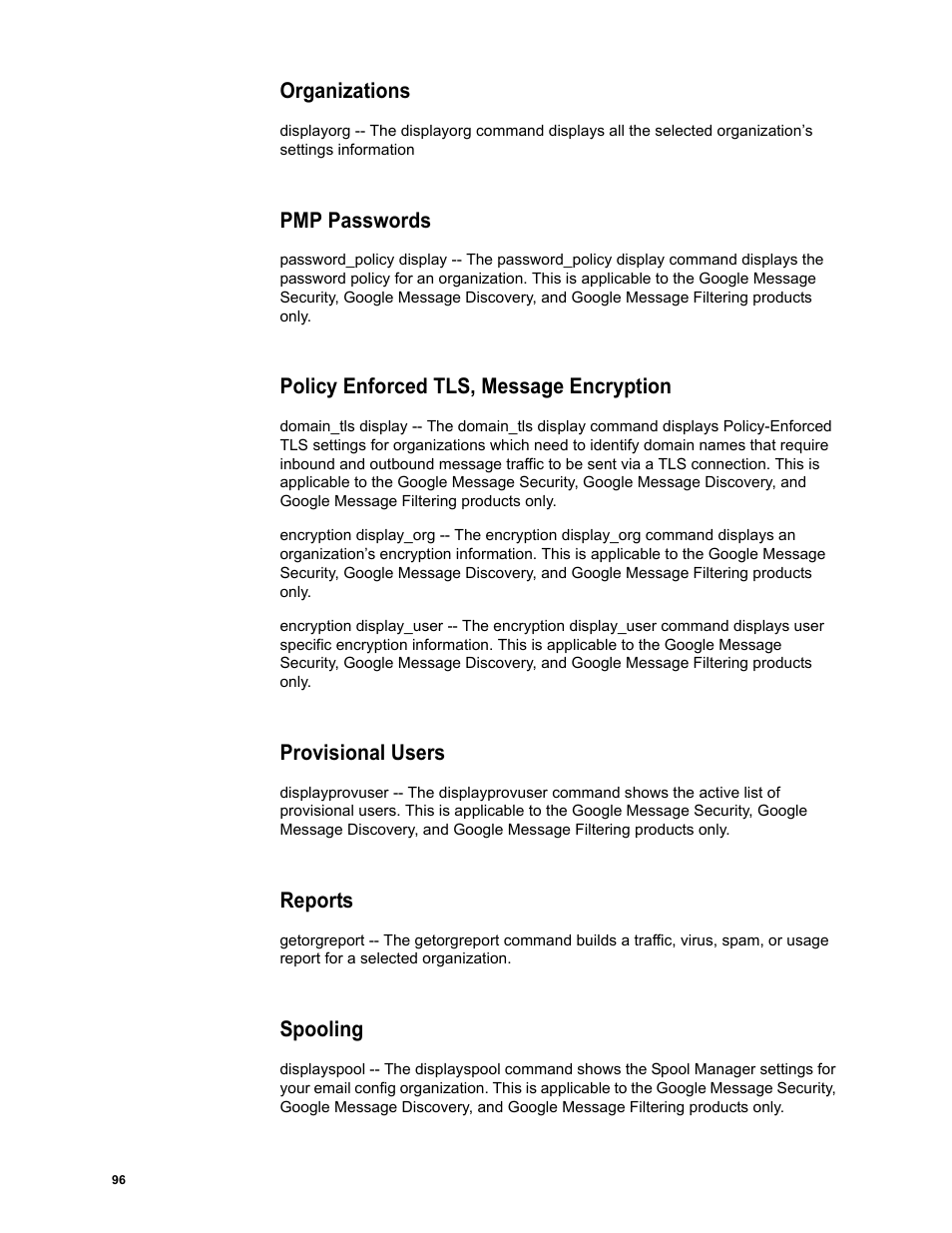 Organizations, Pmp passwords, Policy enforced tls, message encryption | Provisional users, Reports, Spooling | Google Message Security Batch Reference Guide User Manual | Page 94 / 561
