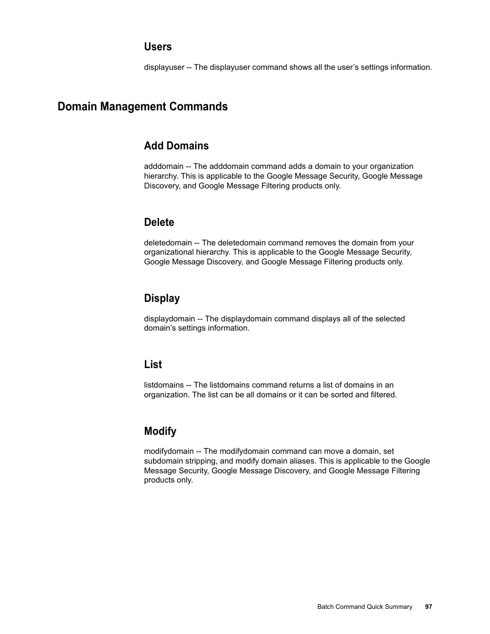 Users, Domain management commands, Add domains | Delete, Display, List, Modify | Google Message Security Batch Reference Guide User Manual | Page 95 / 561