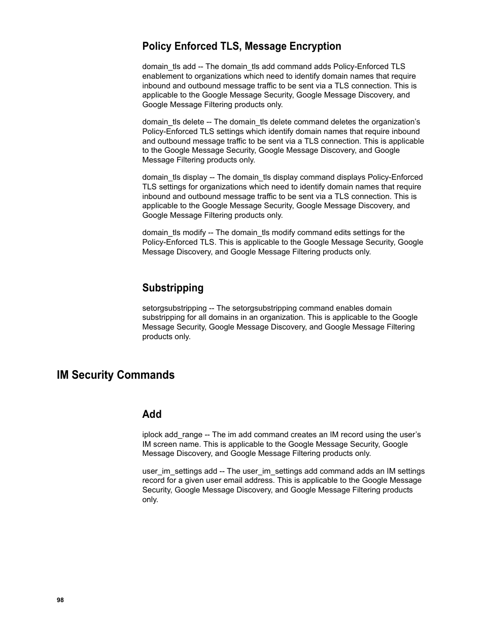 Policy enforced tls, message encryption, Substripping, Im security commands | Google Message Security Batch Reference Guide User Manual | Page 96 / 561