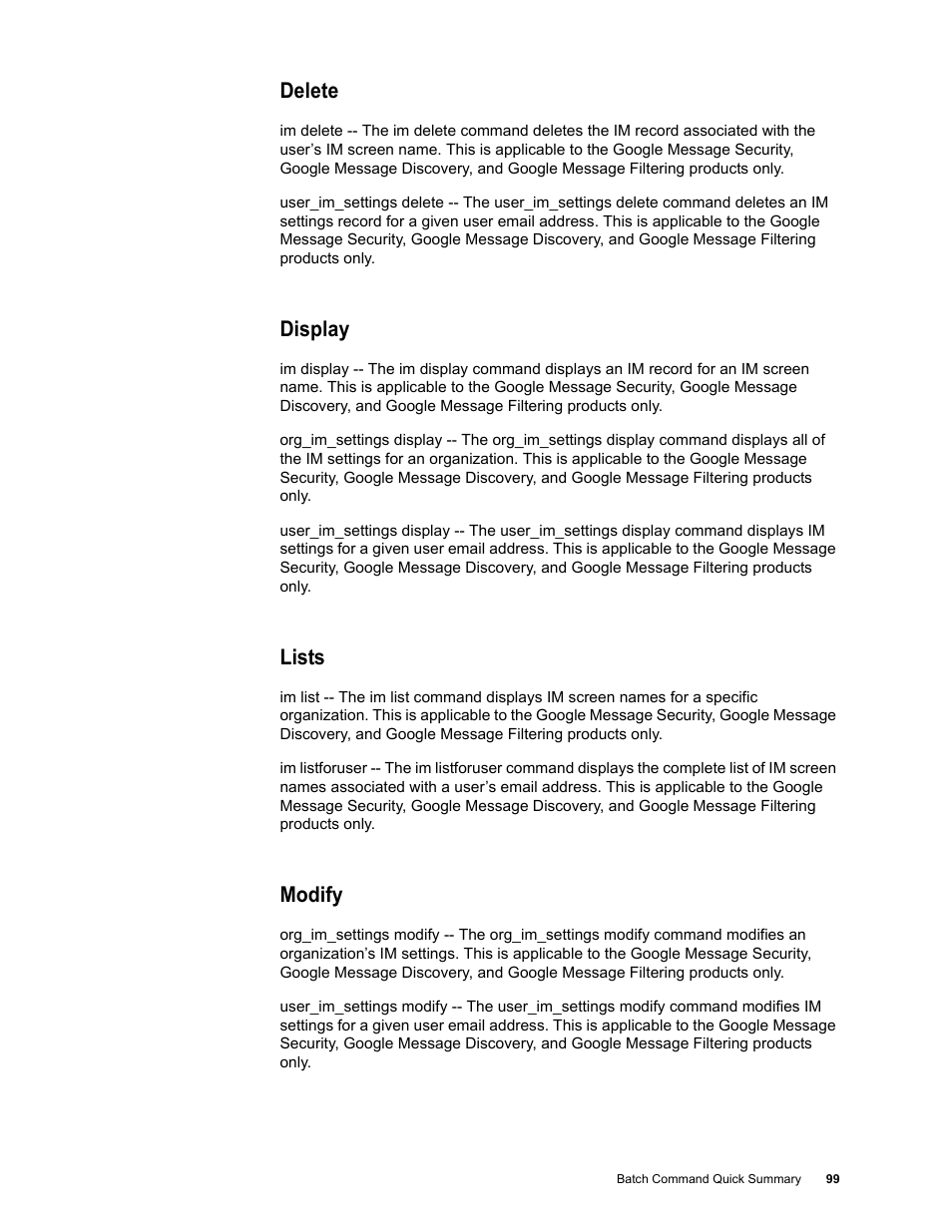 Delete, Display, Lists | Modify | Google Message Security Batch Reference Guide User Manual | Page 97 / 561